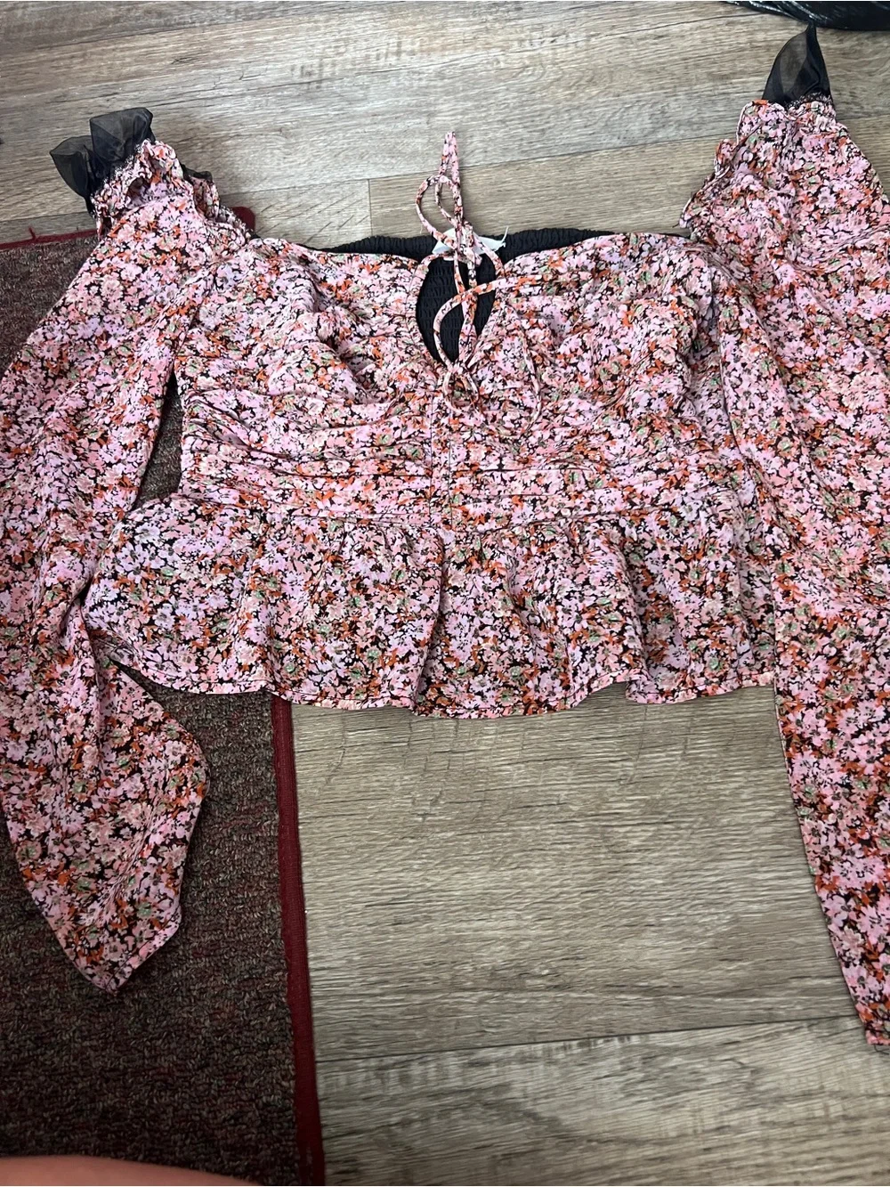 Astr Pink Floral Puff-Sleeve Smocked Peplum Blouse